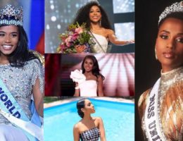 Miss World (Toni-Ann Singh, Jamaique), Droite : Miss Universe 2019 (Zozibini Tunzi, Afrique du Sud) Milieu, de haut en bas : Cheslie Kryst, Miss Usa 2019, Nia Franklin, Miss America 2019, Clémence Botino, Miss France 2020