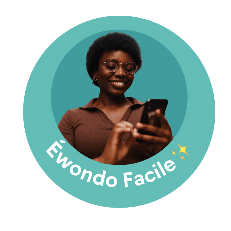 Logo Ewondo facile : belle jeune femme africaine tenant un smartphone pour apprendre l'Ewondo