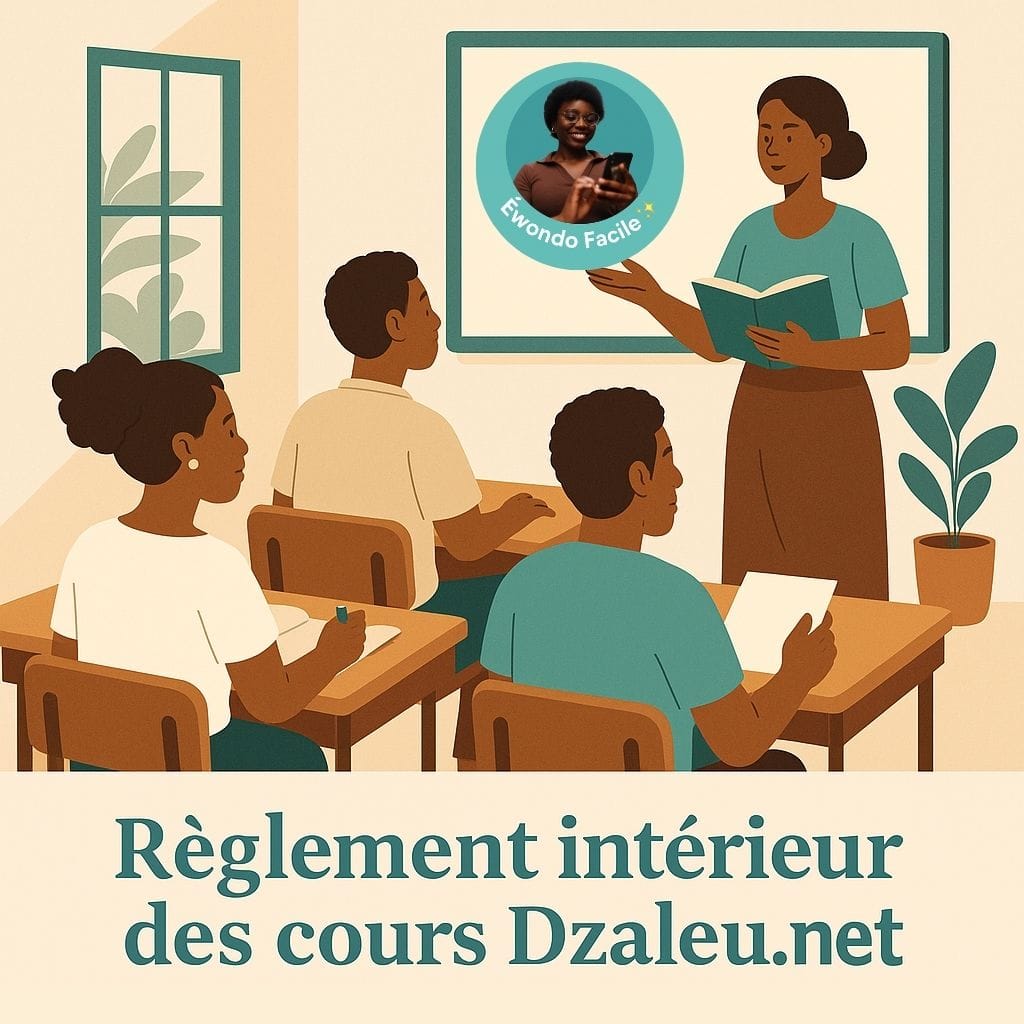 Illustration à plat salle de classe africaine dynamique. Cette image montre une enseignante africaine devant un tableau avec le logo Ewondo facile. En face, des apprenants l'écoutent avec attention. Elle symbolise le Règlement intérieur des cours de Dzaleu