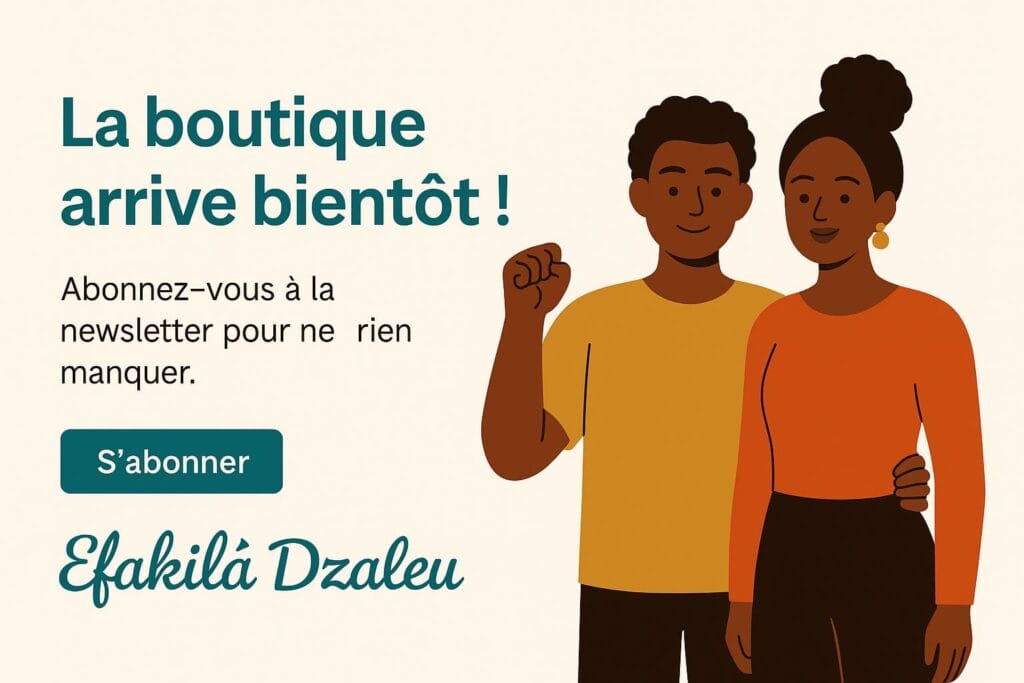 Illustration africaine moderne d’un couple devant la boutique Dzaleu avec le texte « Efakilá Dzaleu » qui signifie : La Boutique Dzaleu.net