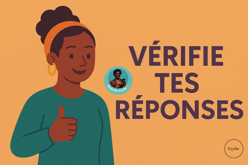 Femme africaine souriante sur beau fond orange-brun, pouce levé en signe de victoire pour avoir fini ses “Exercices d’Ewondo”. Illustration éducative plate. Visuel pédagogique pour apprendre l’Ewondo sur Dzaleu.net.